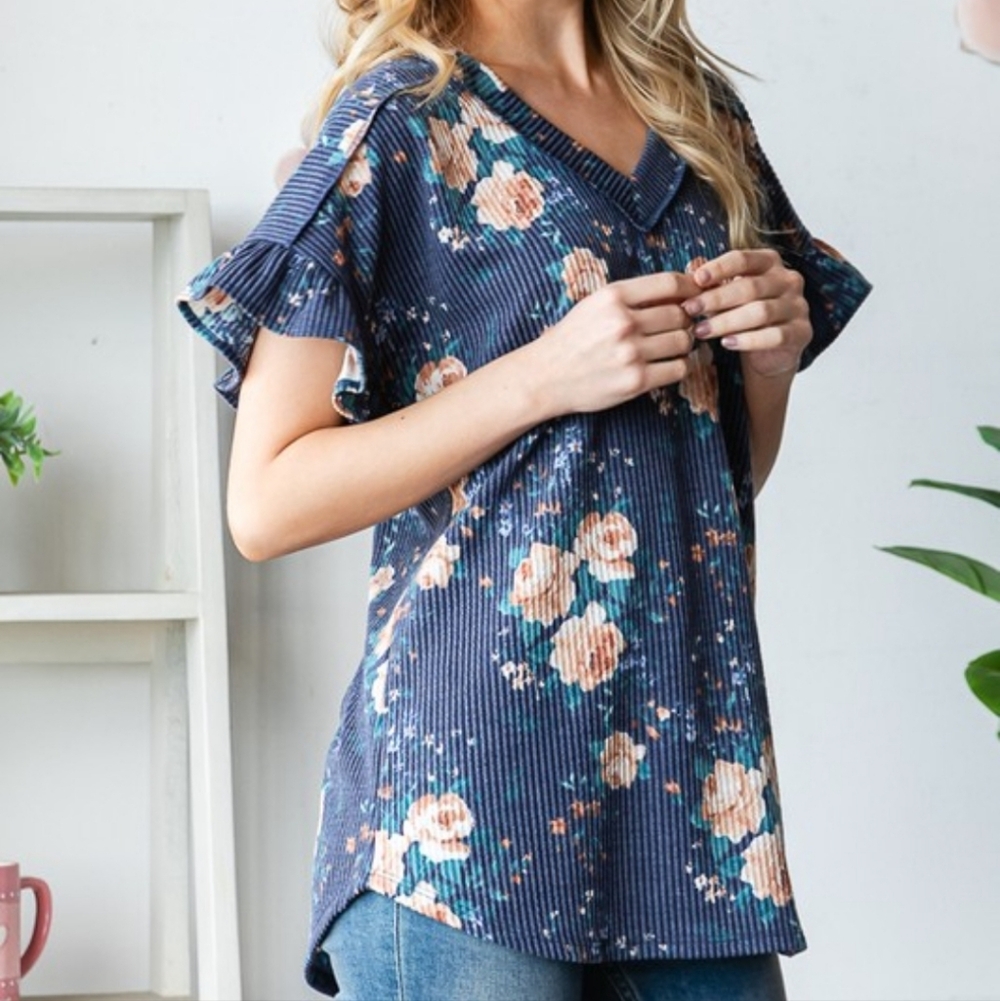 New Heimish Navy Floral Ribbed Top - Picture 3 of 4
